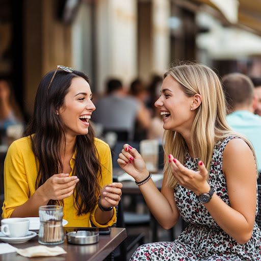 Deux amies qui rient ensemble à la terrasse d'un café